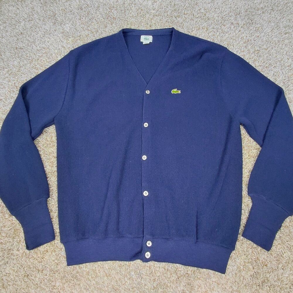 Vintage Izod Lacoste Knit Cardigan Sweater Men’s XL Navy Blue V-Neck Alligator